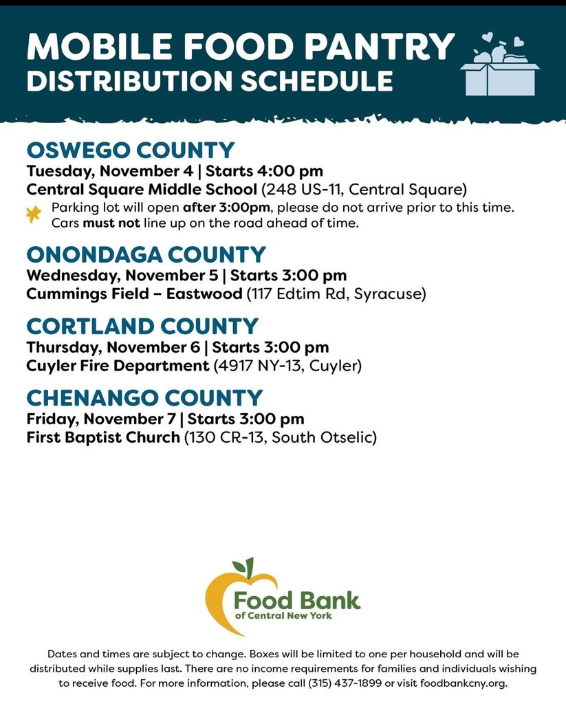 Image showing the Food Bank of Central New York’s Mobile Food Pantry schedule for November 4–7. Includes stops in Central Square, Syracuse, Cuyler, and South Otselic. The South Otselic distribution takes place Friday, November 7 at 3 PM at First Baptist Church.