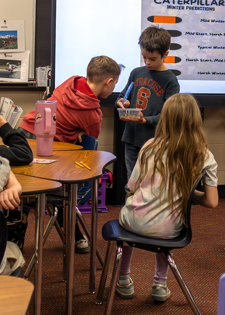 Hudson presents to the class about Willy the Wooly Bear Caterpillar