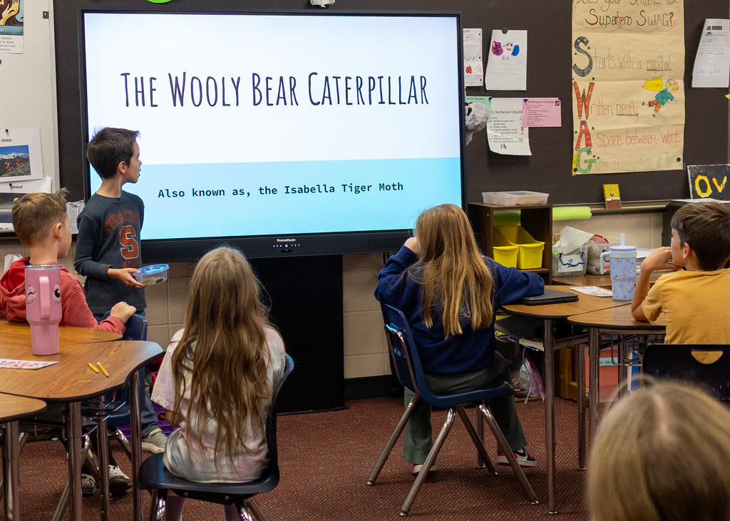 Hudson presents to the class about Willy the Wooly Bear Caterpillar