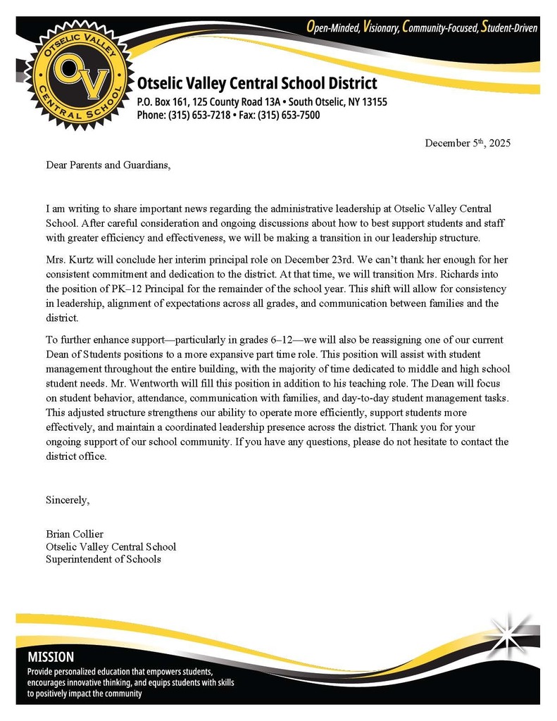 Letter from the Superintendent about Leadership Updates at OV