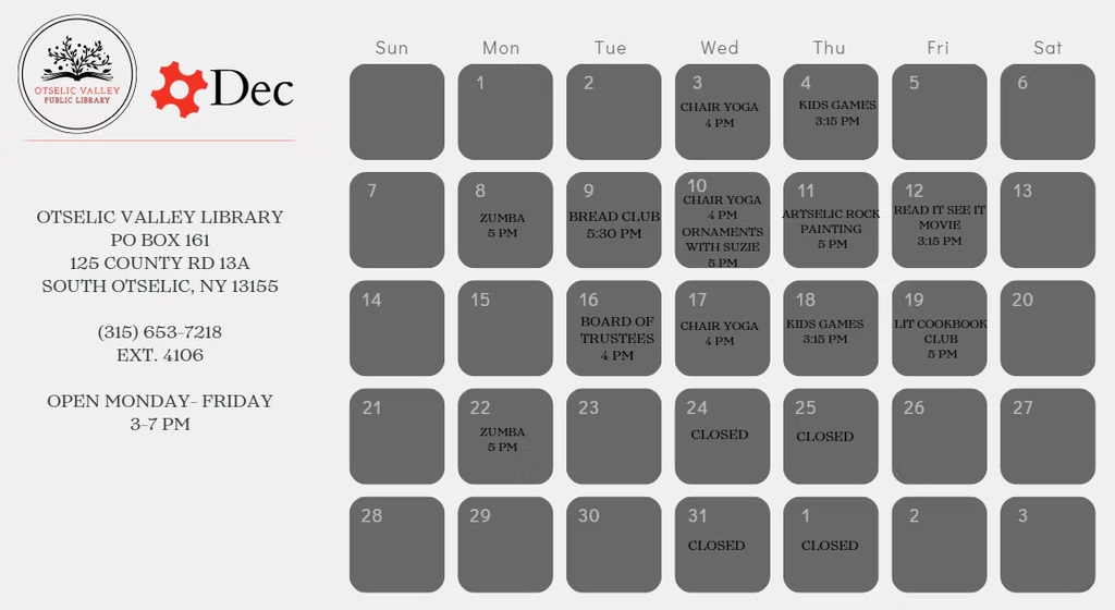 Otselic Valley Library December Calendar
