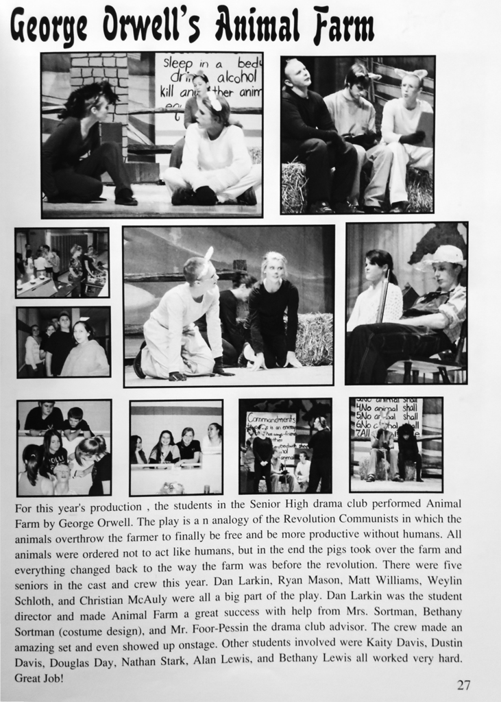 Black-and-white yearbook page featuring scenes from the Otselic Valley Drama Club’s 2010 production of Animal Farm, showing students in animal costumes performing on stage and participating in group scenes.