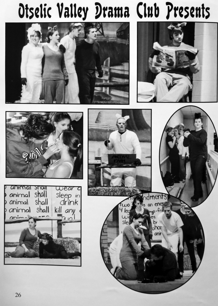 Black-and-white yearbook page showing multiple scenes from the Otselic Valley Drama Club’s production of Animal Farm, including student actors on stage, backstage makeup preparation, and ensemble moments.