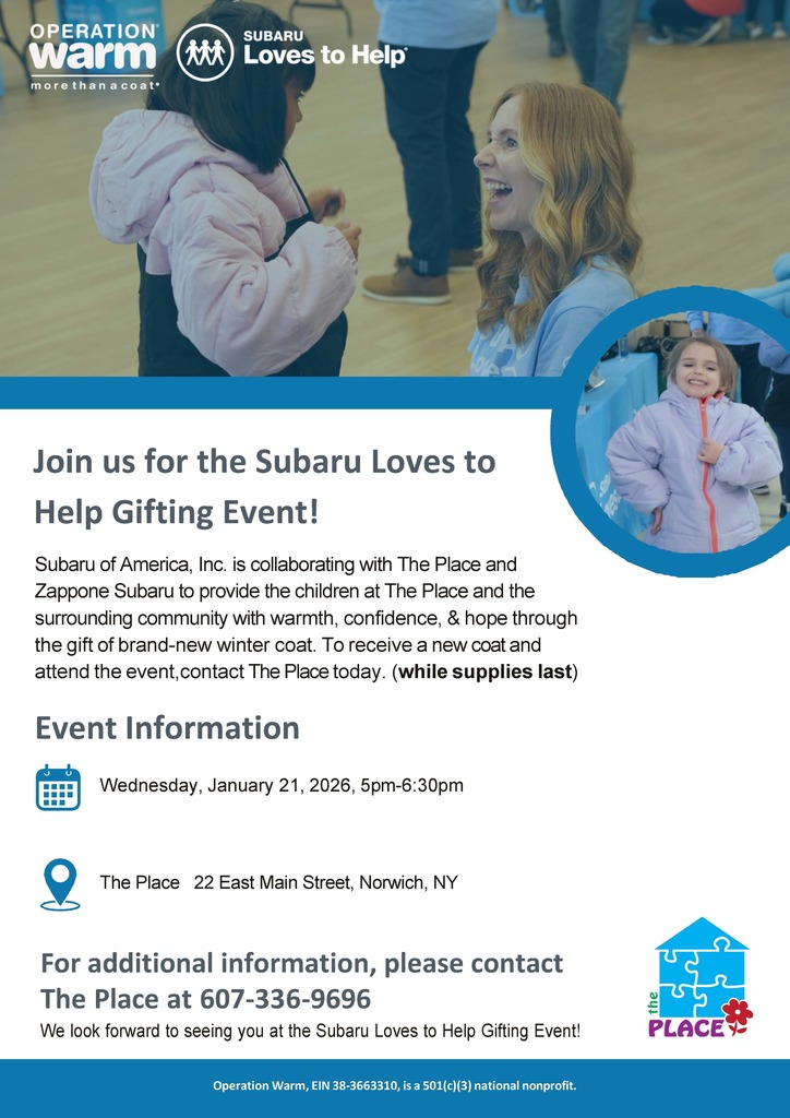 Flyer promoting the Subaru Loves to Help winter coat gifting event at The Place. Includes photos of children receiving winter coats, event date January 21 from 5:00–6:30 PM, location at The Place in Norwich, NY, and contact information for The Place.