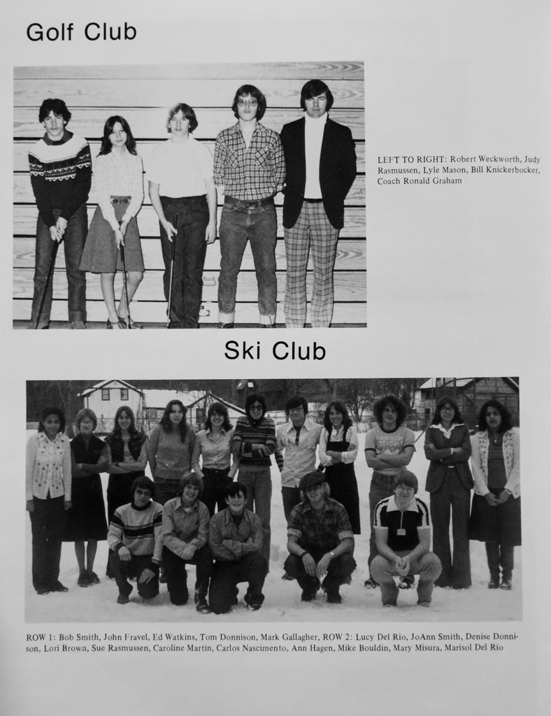 Scanned 1978 Otselic Valley yearbook page showing black-and-white photos of Golf Club members posed indoors and Ski Club members standing and kneeling outdoors in the snow.