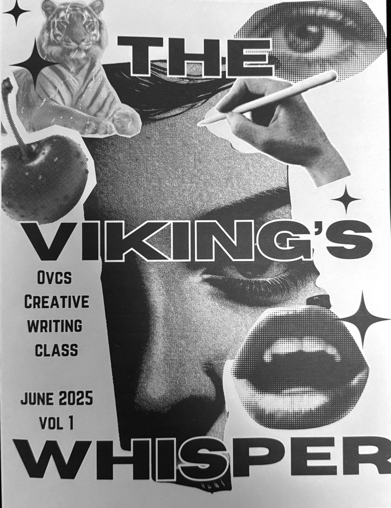 Cover of The Viking’s Whisper, Otselic Valley Central School’s student literary magazine, featuring a black-and-white collage design with text and graphic elements.