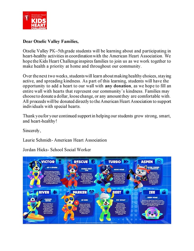 Letter announcing the Kids Heart Challenge at Otselic Valley, encouraging heart-healthy activities and donations to the American Heart Association.