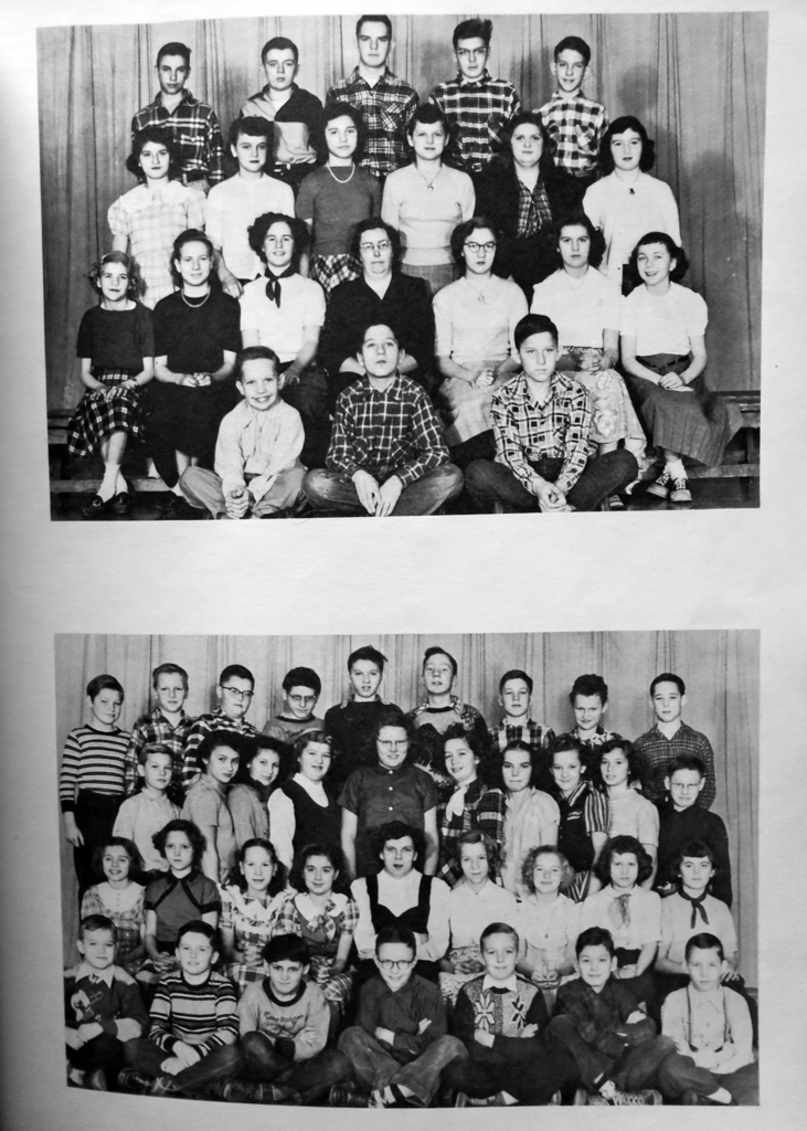 Black-and-white class photo of Georgetown School students in grades five through eight from the 1952 yearbook.