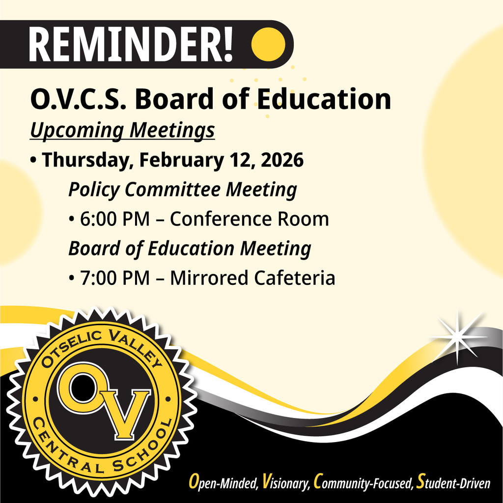 Graphic announcing Otselic Valley Central School Board of Education meetings on Thursday, February 12, 2026, with meeting times and locations.