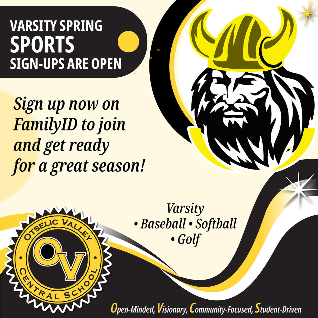 Graphic announcing Varsity Spring Sports sign-ups at Otselic Valley Central School, listing baseball, softball, and golf, with a Viking logo.