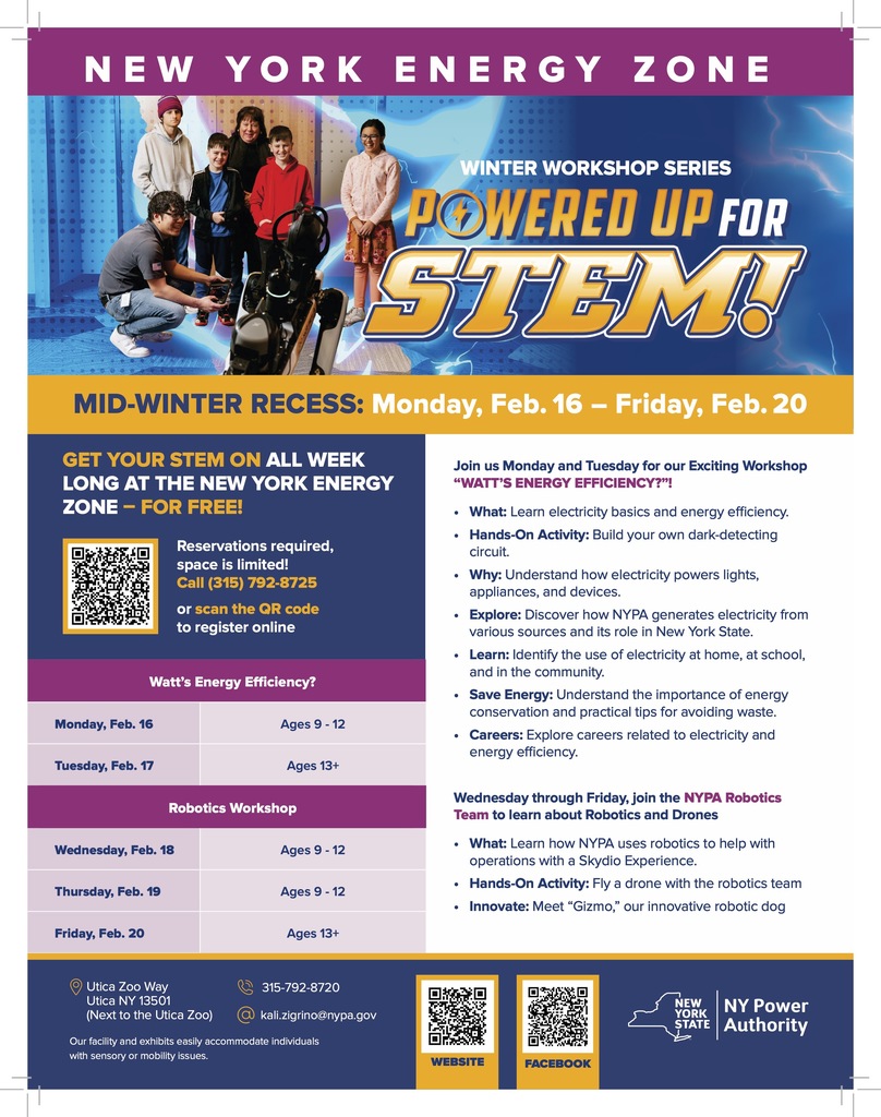 Poster promoting free Winter Workshop Series STEM activities at the New York Energy Zone during Mid-Winter Recess, February 16–20, including energy, robotics, and drone workshops for different age groups.
