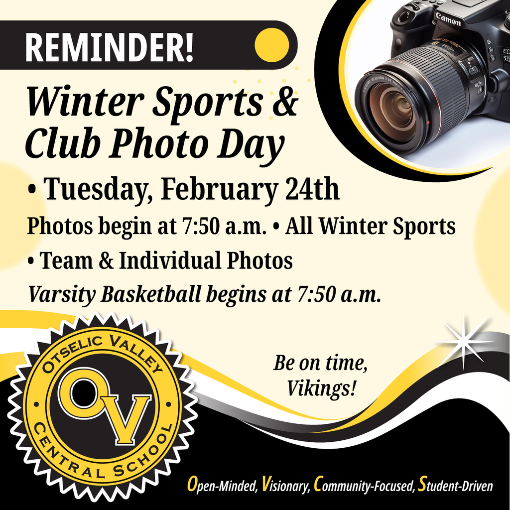 Graphic reminding students that Winter Sports and Club Photo Day is Tuesday, February 24, beginning at 7:50 a.m., with team and individual photos for winter sports and varsity basketball.