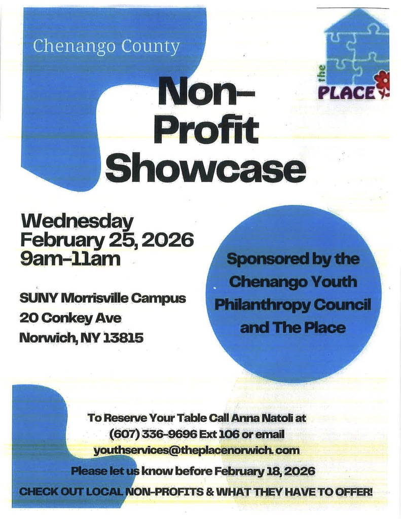 Flyer for the Chenango County Non-Profit Showcase on Wednesday, February 25, 2026 from 9:00–11:00 AM at SUNY Morrisville Campus in Norwich, sponsored by the Chenango Youth Philanthropy Council and The Place.