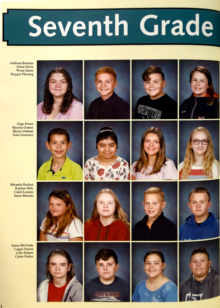 A page from the 2021 New Horizons yearbook titled “Seventh Grade,” featuring school portraits of students who are now part of the Class of 2026.