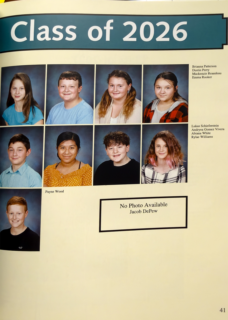 A page from the 2021 New Horizons yearbook titled “Seventh Grade,” featuring school portraits of students who are now part of the Class of 2026.