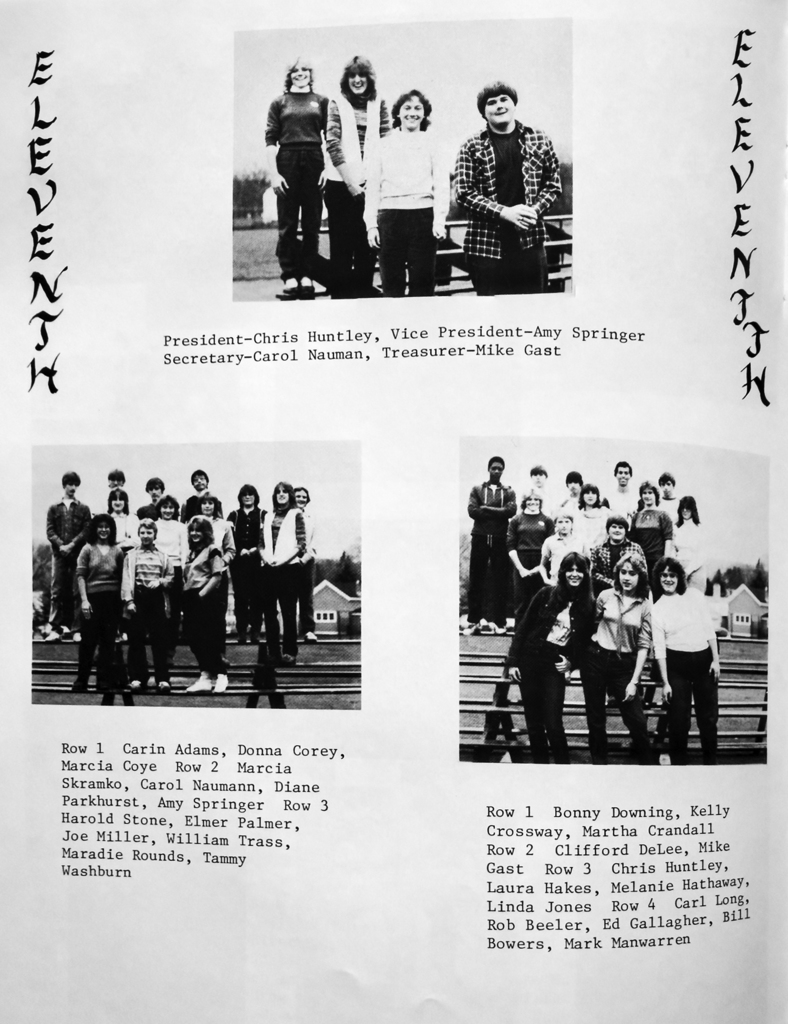 1985 yearbook page showing the Otselic Valley junior class and class officers.