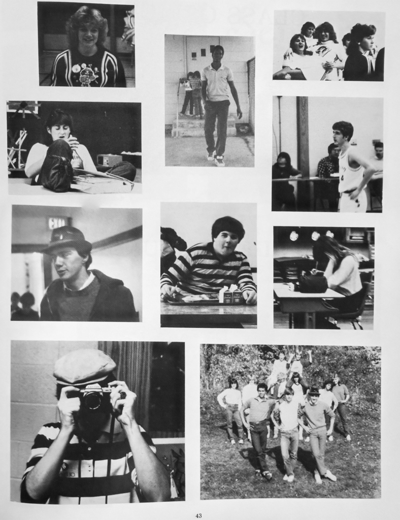 1985 yearbook page showing candid photos of Otselic Valley students around school.