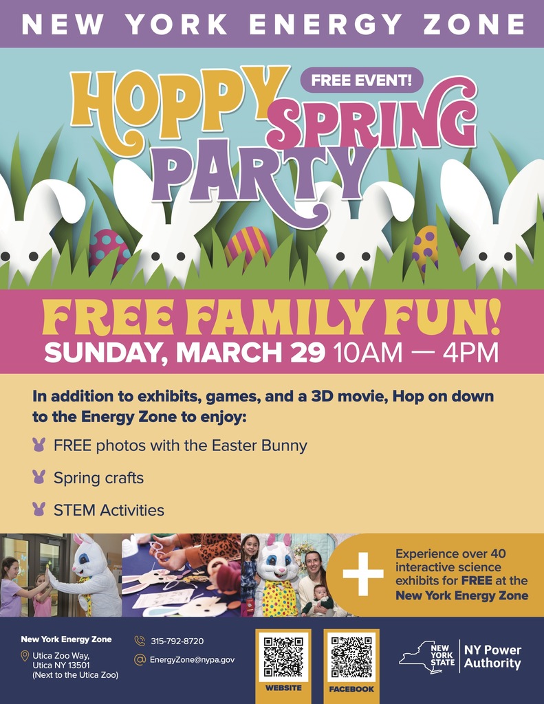 Colorful flyer promoting a “Hoppy Spring Party” at the New York Energy Zone. The event takes place Sunday, March 29 from 10 AM to 4 PM and features free family activities including photos with the Easter Bunny, spring crafts, STEM activities, and over 40 interactive science exhibits. Easter-themed graphics include bunnies, eggs, and bright spring colors.