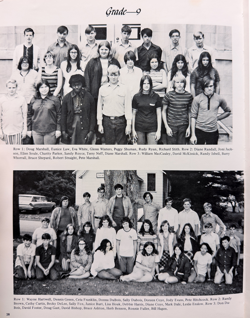 Black-and-white yearbook page from 1972 showing two Grade 9 class group photos at Otselic Valley. Students are arranged in rows in front of school buildings and outdoors, with names printed beneath each image.