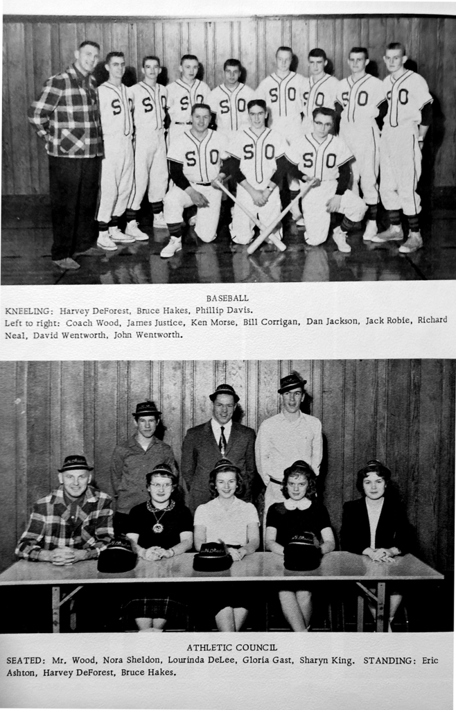 Black-and-white yearbook page from the 1961 South Otselic Centralian showing two group photos. The top photo features a boys’ baseball team in uniforms with “SO” on the front, posed with bats. The bottom photo shows the Athletic Council, with students seated at a table wearing matching hats and others standing behind them. Names of students and staff are listed below.