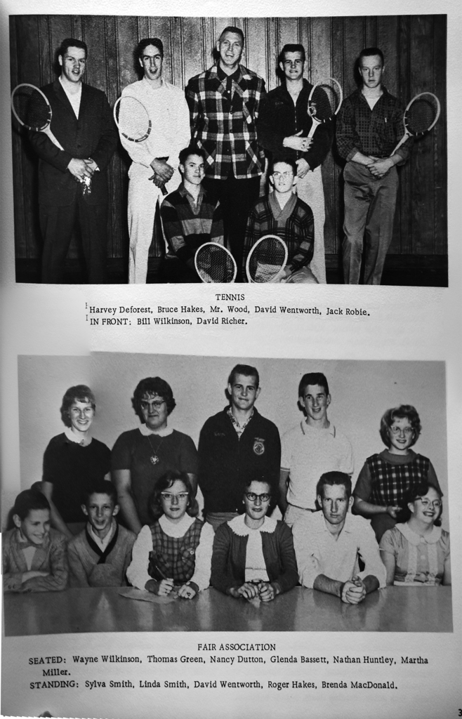 Black-and-white yearbook page from the 1961 South Otselic Centralian showing two group photos. The top photo features a boys’ tennis team holding rackets, posed in front of a wood-paneled wall. The bottom photo shows members of the Fair Association seated and standing behind a table. Names of students and advisor Mr. Wood are listed beneath each group.