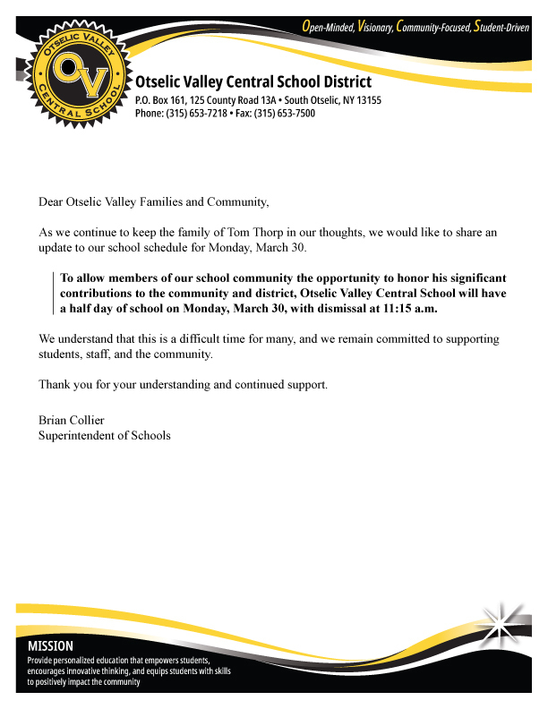 Letter from the Superintendent about a schedule change