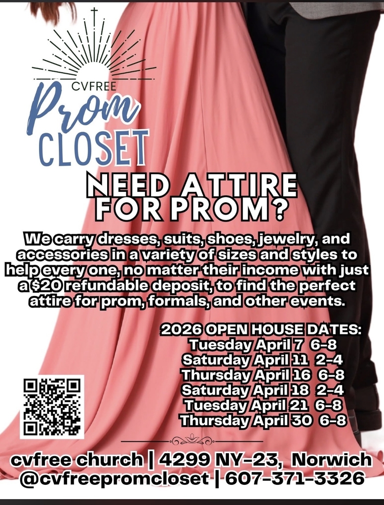 Flyer for the CVFree Prom Closet offering dresses, suits, shoes, jewelry, and accessories for prom with a $20 refundable deposit. Includes several April open house dates at CVFree Church in Norwich.