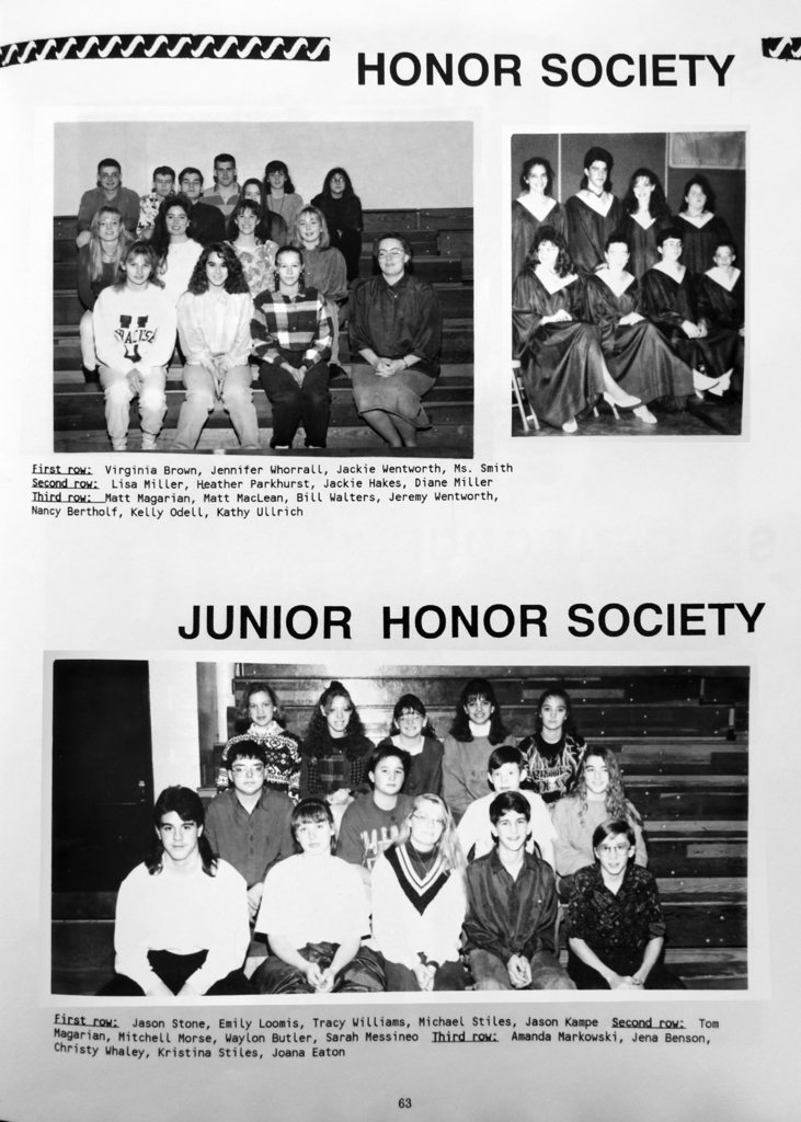 Yearbook page from the 1994 New Horizons Otselic Valley yearbook showing group photos of Honor Society and Junior Honor Society students seated and standing on gym bleachers with names printed below.