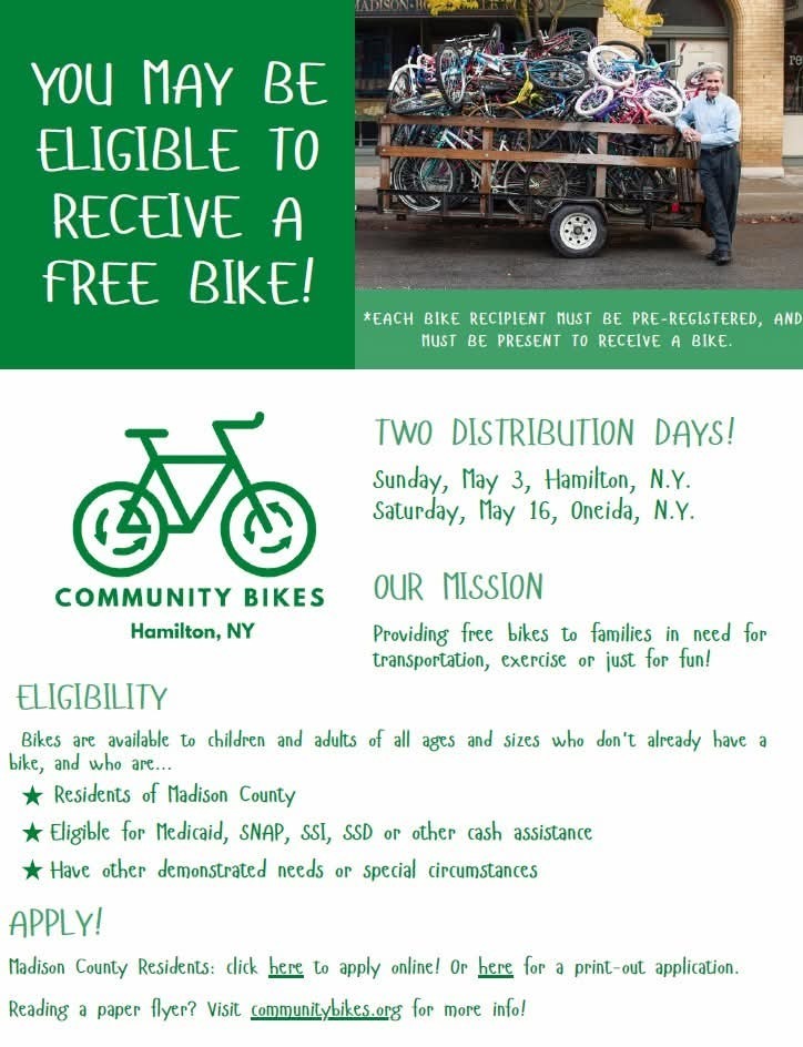 Poster announcing free bikes for Madison County residents through Community Bikes Hamilton. Distribution days are May 3 in Hamilton and May 16 in Oneida. Eligible residents must pre-register and may qualify through programs like Medicaid, SNAP, SSI, or other demonstrated need.
