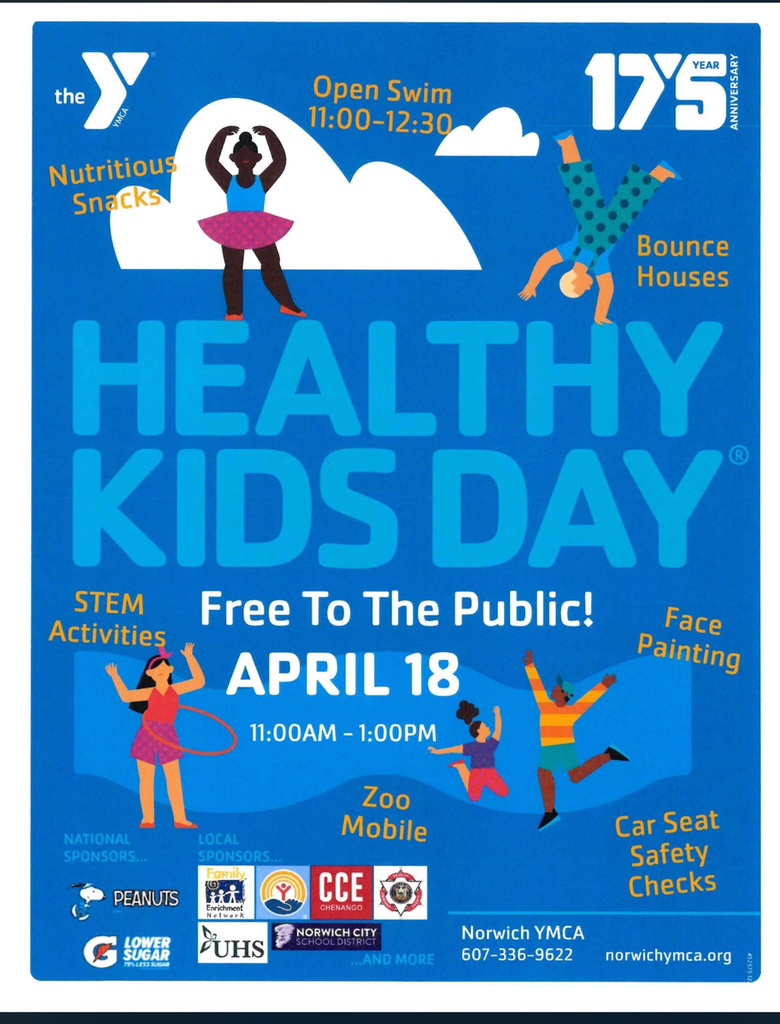 Blue poster for Healthy Kids Day at the Norwich YMCA on April 18 from 11:00 AM–1:00 PM. The free family event includes open swim, bounce houses, face painting, STEM activities, zoo mobile, car seat safety checks, and nutritious snacks.