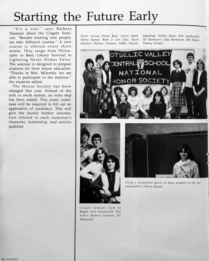 Black-and-white 1981 Otselic Valley yearbook page showing National Honor Society members standing and seated in front of a banner, students involved in the Colgate Seminar, and a student giving a presentation about dairy products to younger students.