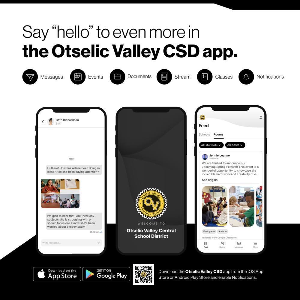 Graphic promoting the Otselic Valley CSD mobile app with phone screens showing messages, announcements, and school updates, along with links to download the app from the App Store or Google Play.
