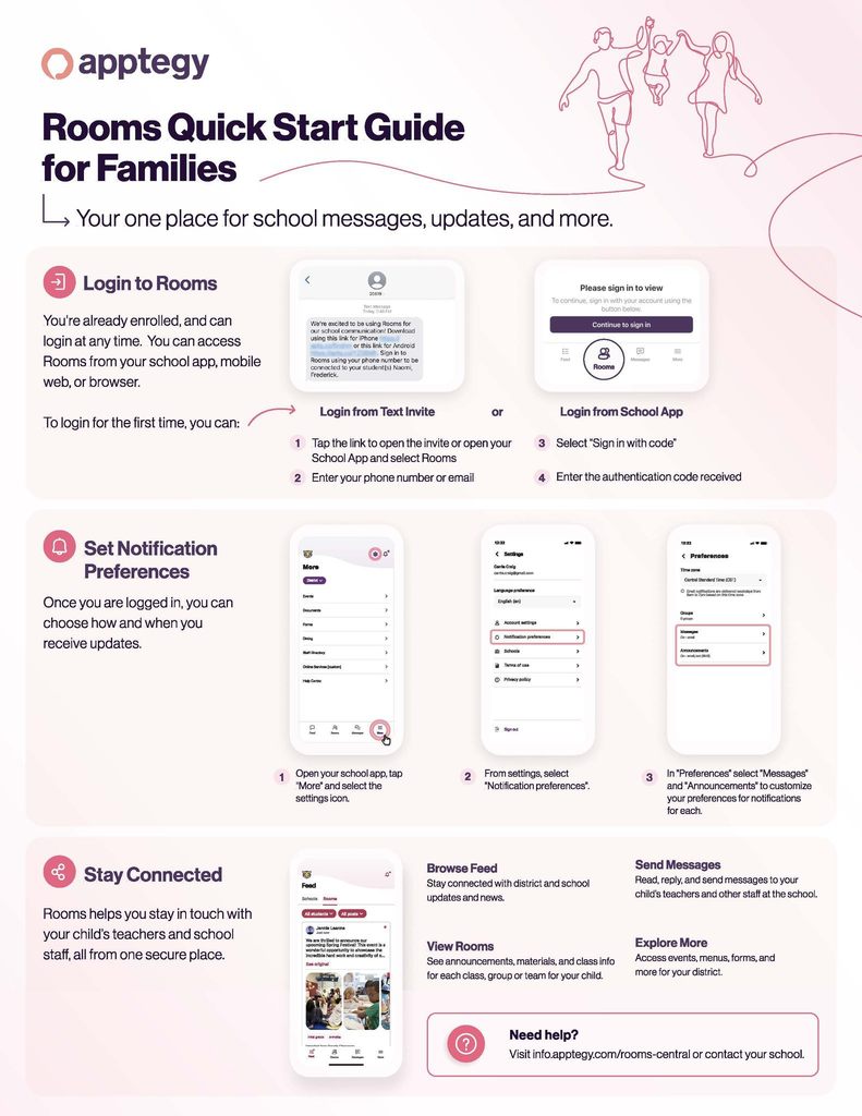 Infographic explaining how families can log in to Rooms through the school app to receive school messages, set notification preferences, and communicate with teachers and staff.
