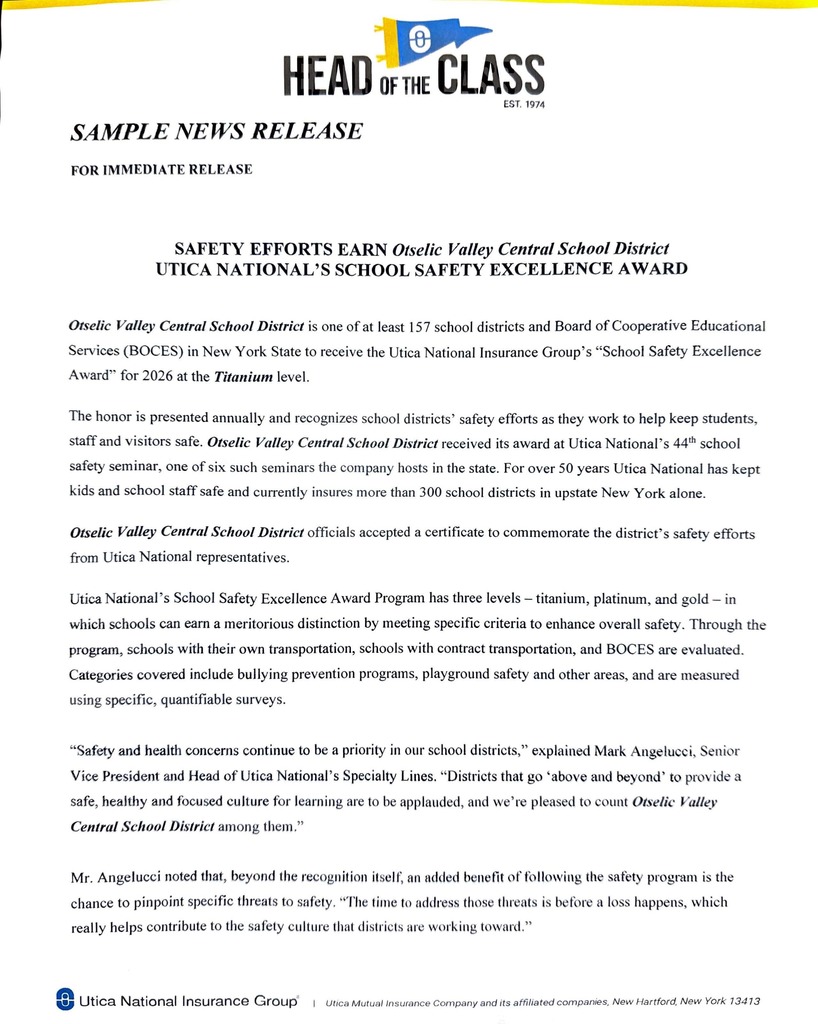 News release announcing Otselic Valley Central School District received the 2026 School Safety Excellence Award at the Titanium level from Utica National Insurance Group for its safety efforts.
