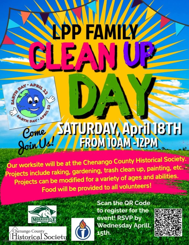 Colorful flyer for an LPP Family Clean Up Day on Saturday, April 18 from 10 a.m. to 12 p.m. at the Chenango County Historical Society, with activities such as raking, gardening, trash clean-up, and painting.