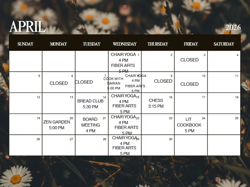 April 2026 calendar for the Otselic Valley Public Library listing weekly programs, events, and activities. The library is open Monday through Friday from 3–7 p.m.