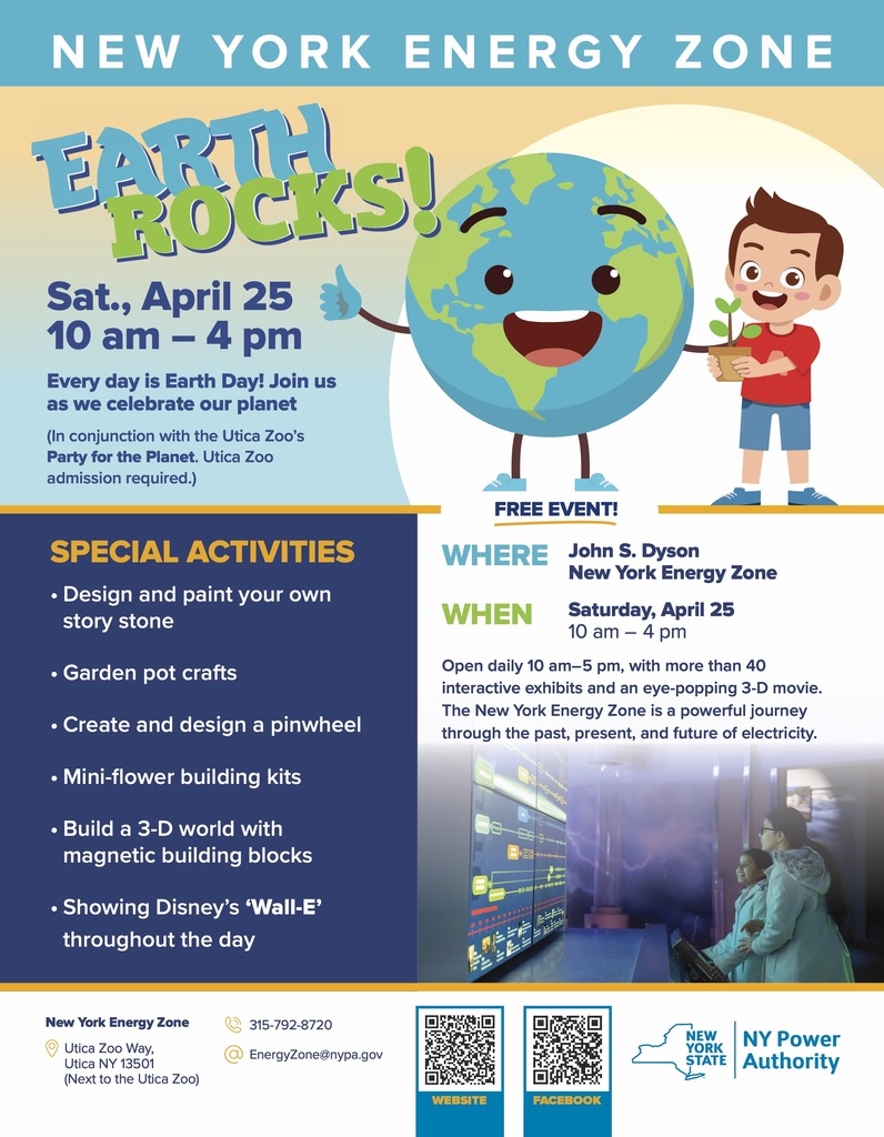Colorful flyer promoting “Earth Rocks!” event with date, time, kid-friendly activities, and location at the New York Energy Zone in Utica.