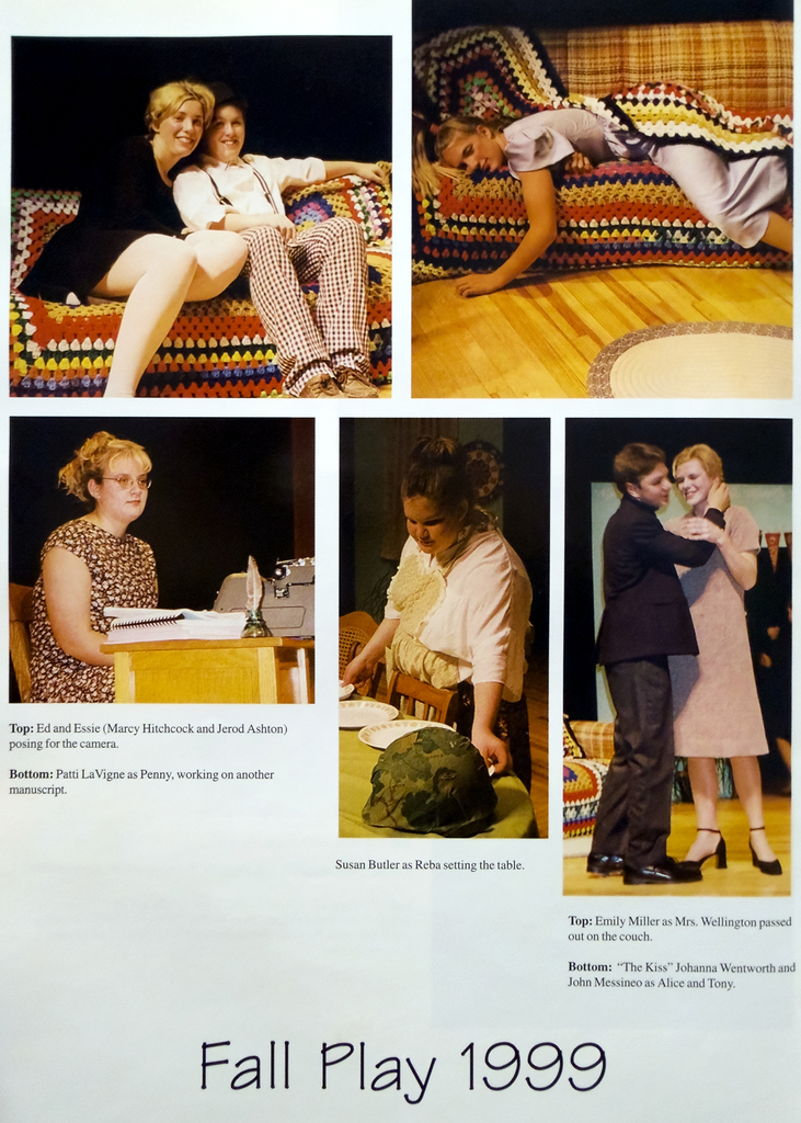 Scanned yearbook page from the 2000 New Horizons yearbook featuring Otselic Valley’s 1999 Fall Play, You Can’t Take It With You. Several stage photos show student actors in costume on a living room set with a colorful crocheted couch. Scenes include actors posing on the couch, one actor lying across it, another at a desk with a typewriter, a student setting a table, and a couple dancing on stage.
