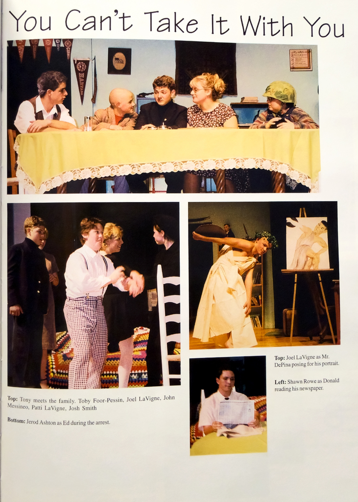 Scanned yearbook page from the 2000 New Horizons yearbook featuring Otselic Valley’s 1999 Fall Play, You Can’t Take It With You. Multiple stage photos show student actors in costume during scenes at a dining table and around the living room set. One actor poses dramatically as an artist, another reads a newspaper, and a group scene shows several cast members gathered together.