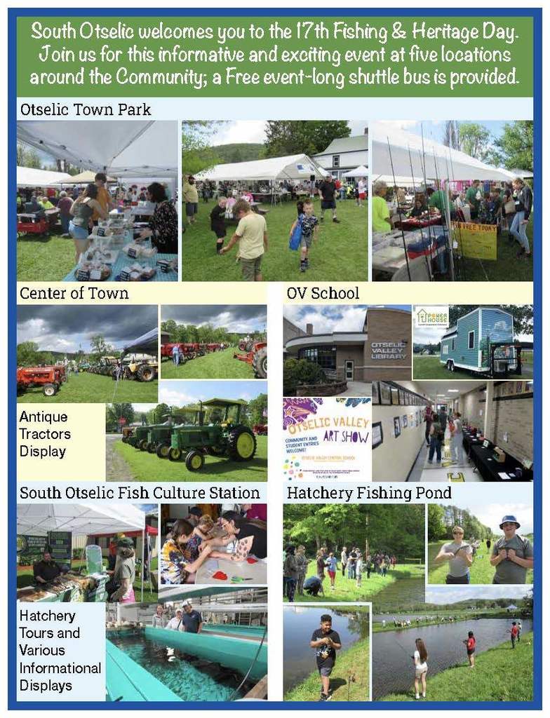 Brochure page for South Otselic’s 17th Fishing and Heritage Day featuring photos from past events at five community locations. Images show vendor tents in the town park, antique tractors, the Otselic Valley School and library, the Powerhouse tiny home, fish hatchery tours, and children fishing at the hatchery pond.