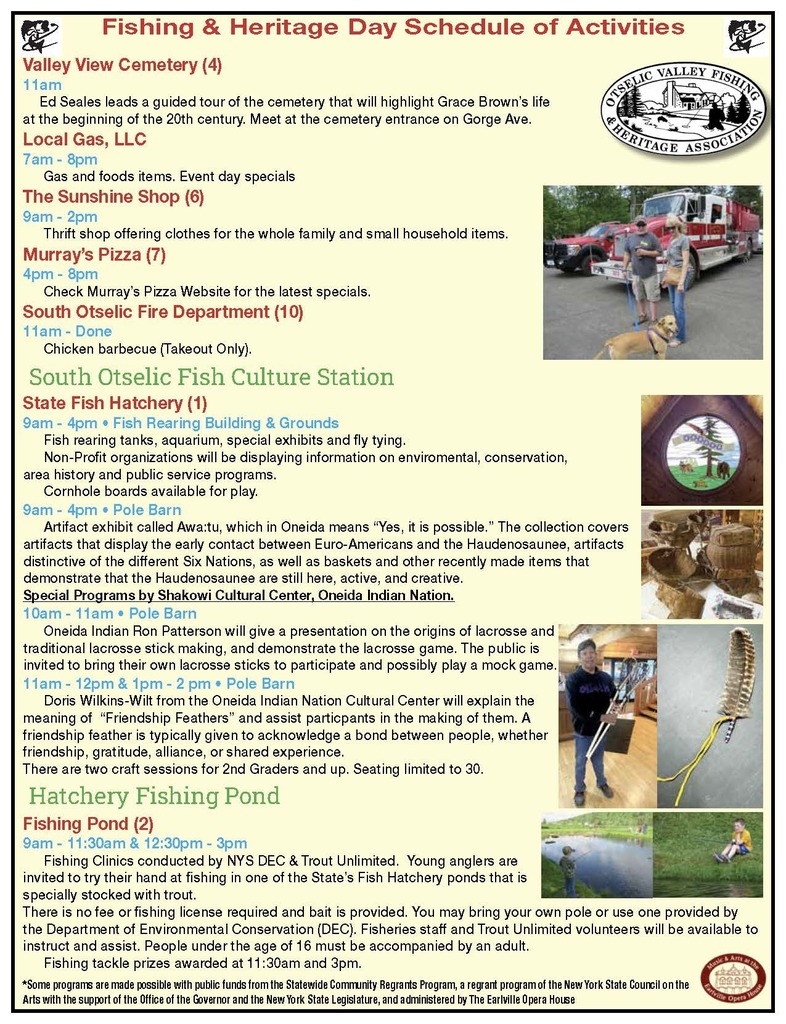 Brochure page listing Fishing and Heritage Day activities at the South Otselic Fish Culture Station and other locations. Includes information about hatchery tours, fishing clinics, cemetery tours, food specials, thrift shop, chicken barbecue, and special programs by the Oneida Indian Nation including lacrosse demonstrations and Friendship Feathers craft sessions.