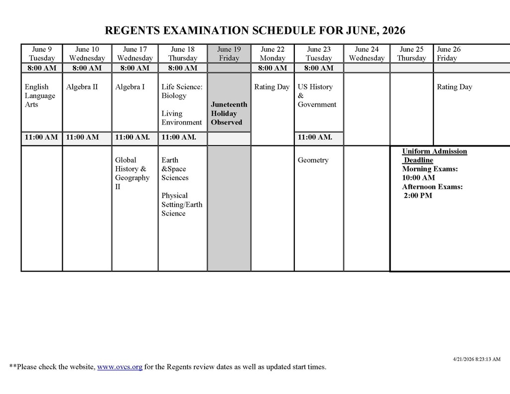 Graphic showing the Otselic Valley June 2026 Regents examination schedule in chart format with testing dates, times, and subjects listed for each exam day in June.