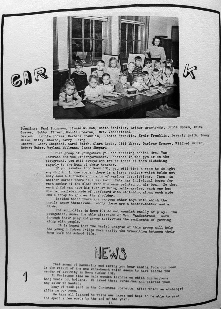 Black-and-white 1948 yearbook page showing the South Otselic Kindergarten class gathered in a classroom with teacher Mrs. VanNostrand standing in back. Students are seated and standing around a table, with names and class description printed below the photo.