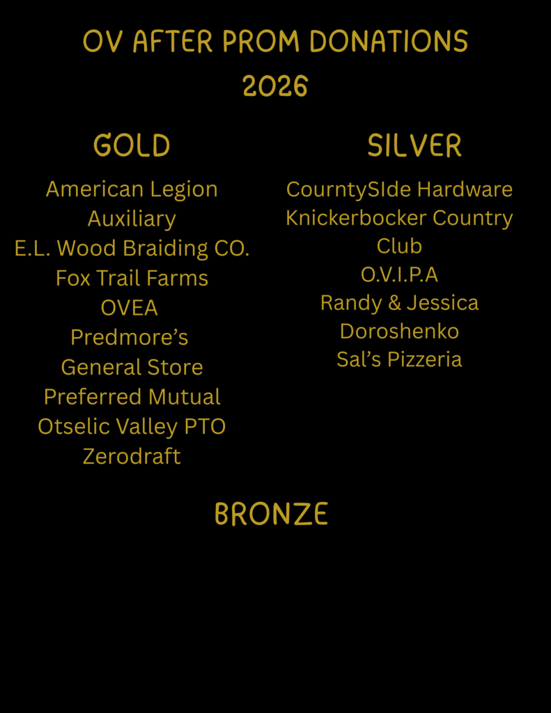 Graphic titled “OV After Prom Donations 2026” listing Gold and Silver level donors from local businesses and community organizations.
