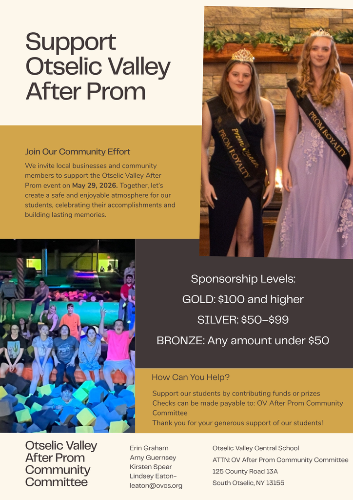 Flyer promoting Otselic Valley After Prom event on May 29, 2026, with photos of students and information about sponsorship levels, how to donate, and contact details for the After Prom Committee.