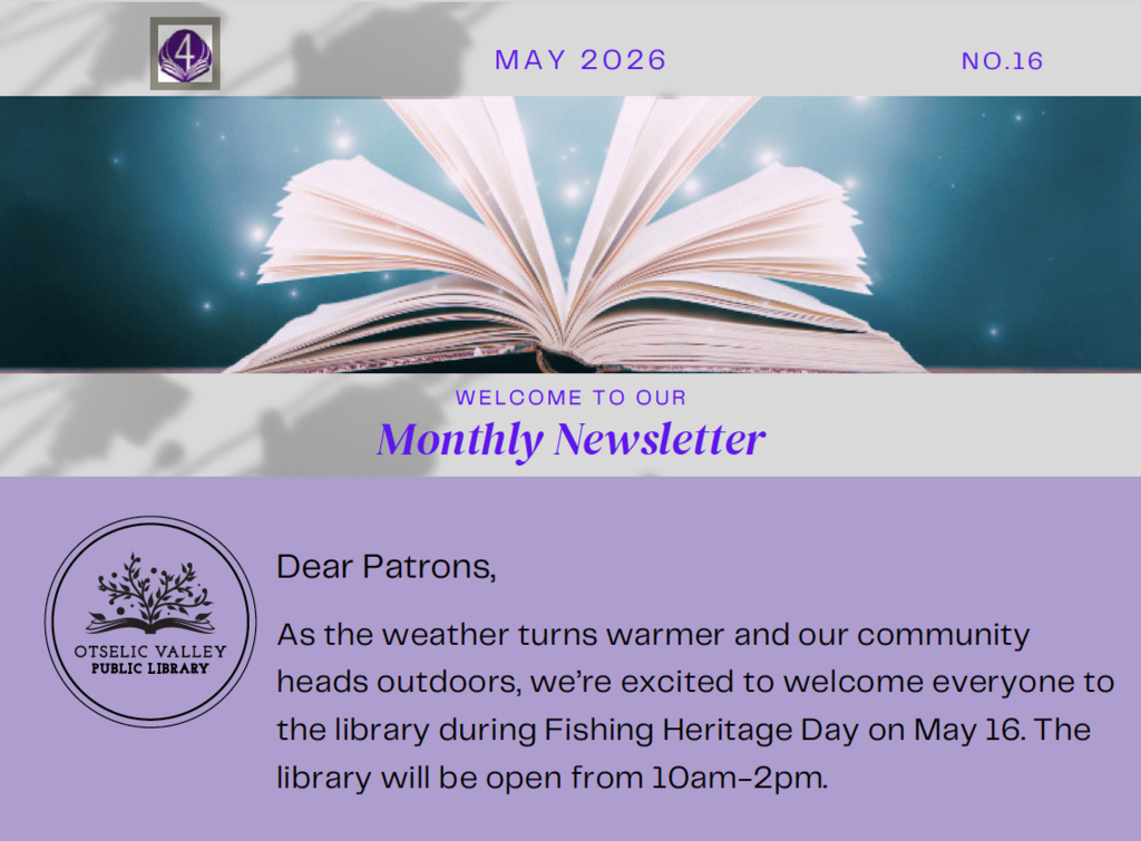 Cover of the Otselic Valley Public Library May 2026 newsletter featuring an open book graphic and information about upcoming events and programs.