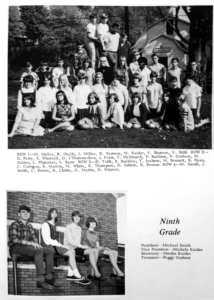 Black-and-white yearbook page from 1969 showing a large group of ninth grade students posed outdoors for a class photo, along with a smaller photo of four students and text listing class officers.