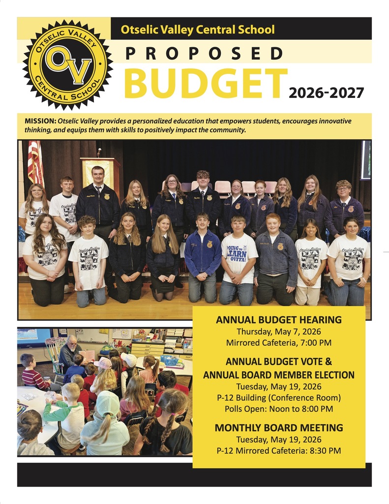 Cover of the Otselic Valley Central School 2026–2027 proposed budget newsletter featuring students and key budget vote dates.