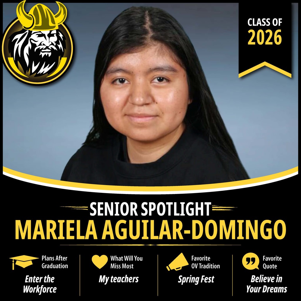 Senior Spotlight graphic featuring an OV Class of 2026 senior portrait with school branding and student highlights.