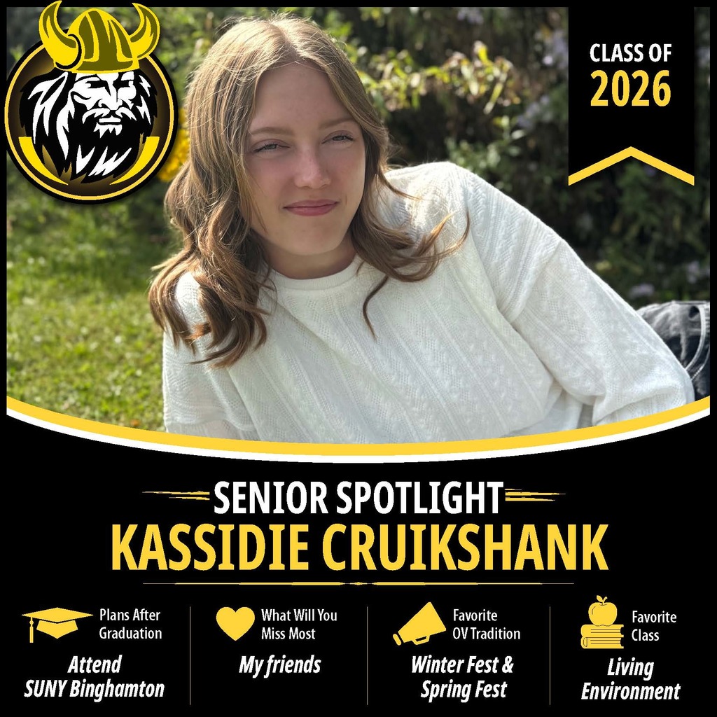 Senior Spotlight graphic featuring an OV Class of 2026 senior portrait with school branding and student highlights.